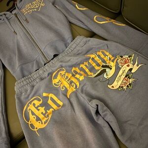 Ed Hardy Blue and Yellow Hoodie Set
